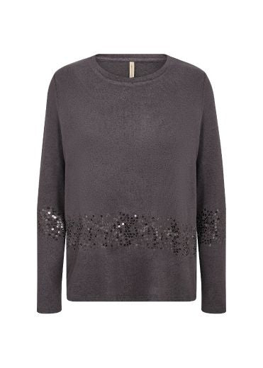 Top: Soft Touch Round Neck Sequin Long Sleeve BIARA - DARK GREY - Soya Concept