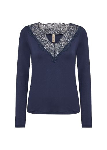 Top: Stretch Lace Trim Cuff Neckline Long Sleeve MARICA - NAVY BLUE