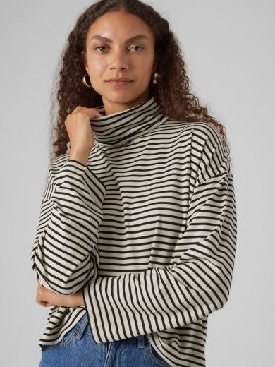 Top: TENCIL Roll Neck Long Sleeve Stripe FIONA - Birch Cream & Black - Vero Moda