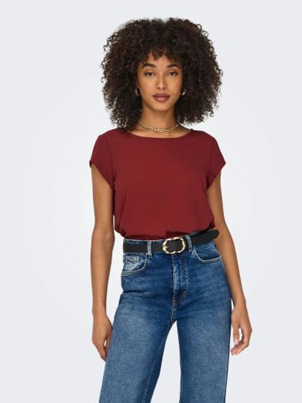 Top: Thin Short Sleeve Zip Back VIC - Burgundy - ONLY