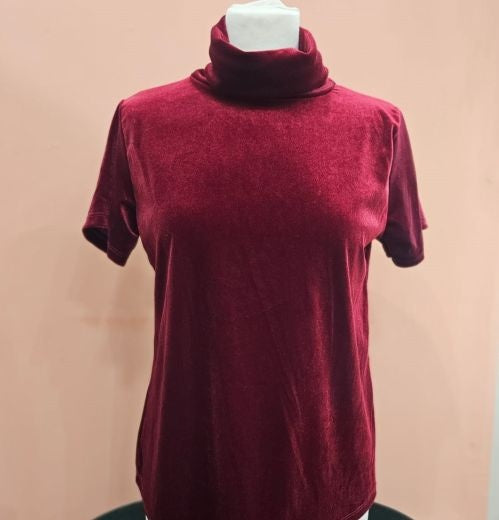 Top: Velvet Cowl Neck Short Sleeve - Berry Red - One Size - Luxtyle