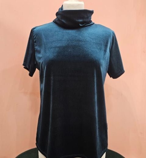 Top: Velvet Cowl Neck Short Sleeve - Forest Green - One Size - Luxtyle