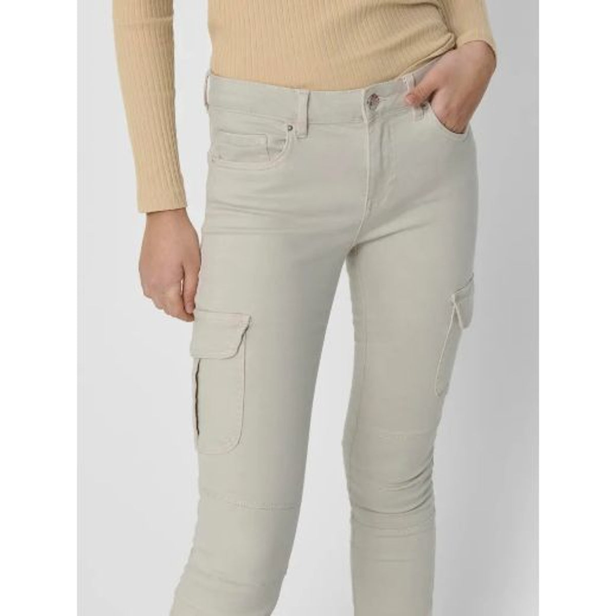 Trousers: Cotton Twill Cargo Mid Waist Slim MISSOURI Leg 32 - Pumice Stone Cream - ONLY