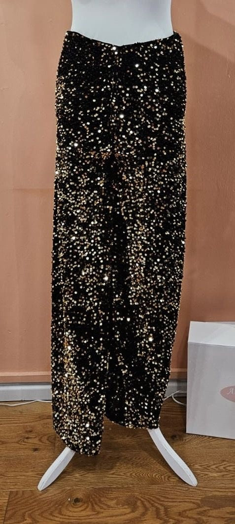Trousers: Stretch Glitter Wide Leg - Black & Gold - Luxtyle