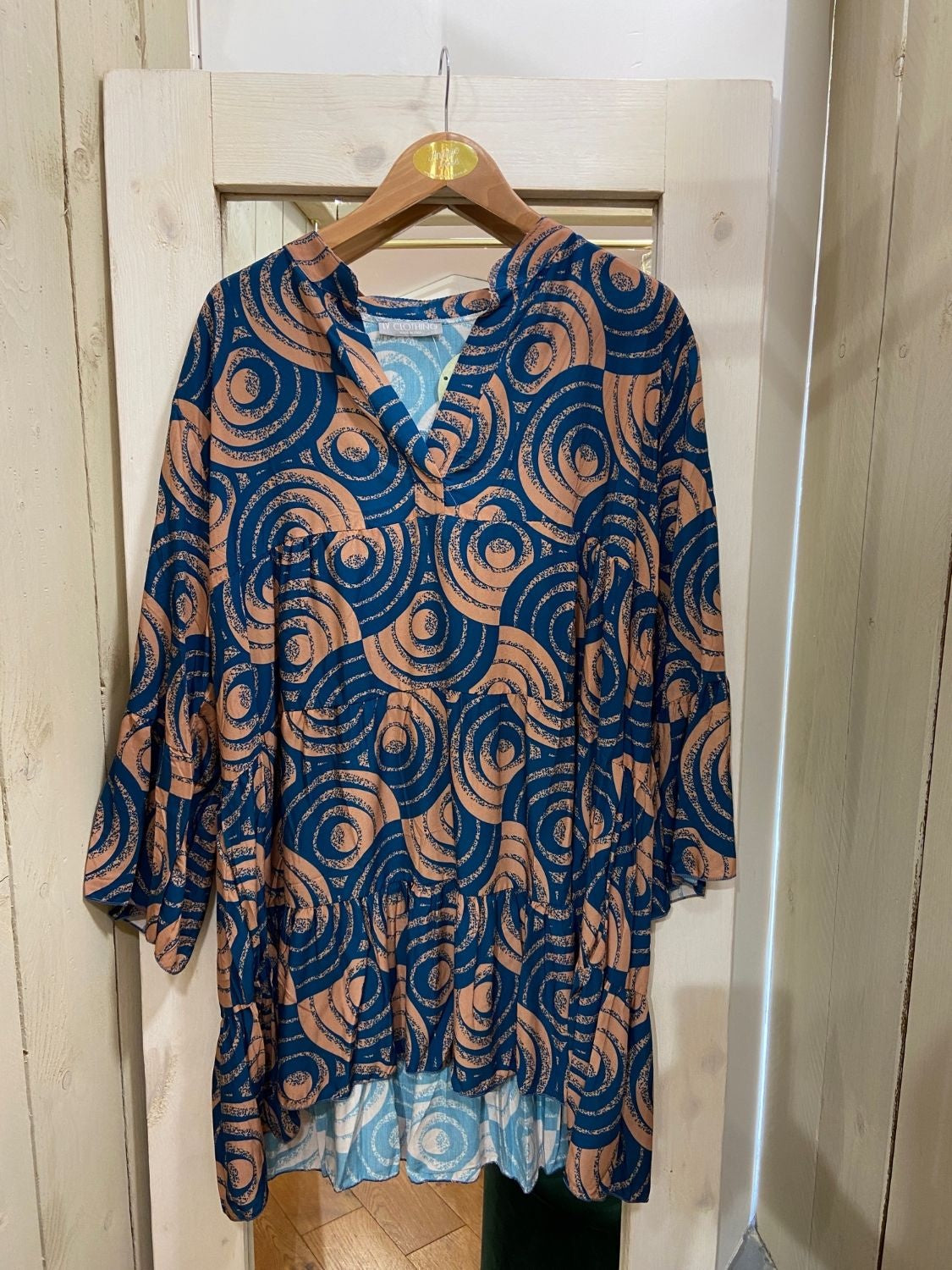 Tunic Dress: Lightweight Swirl Print 70s Style Sleeves One Size - Teal & Sand