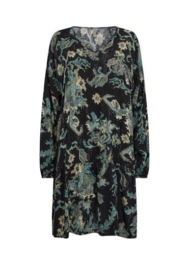 Tunic Dress: Sustainable Viscose V Neck Long Sleeve Vintage Print TAKARI - GREEN - Soya Concept
