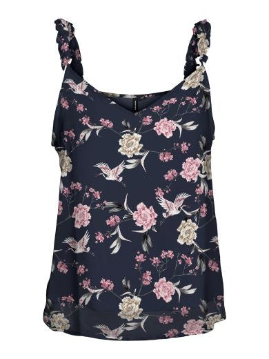 Vest Top: Sheer Floaty Sleeveless Knot V Neck Floral Print Smilla - Navy - Vero Moda