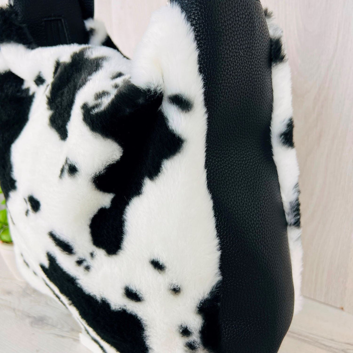 Shoulder Bag: Large Cow Print Faux Fur -Black & White