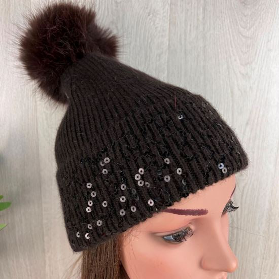 Hat: Knitted Pom Pom  Sequin Edge - Chocolate Brown