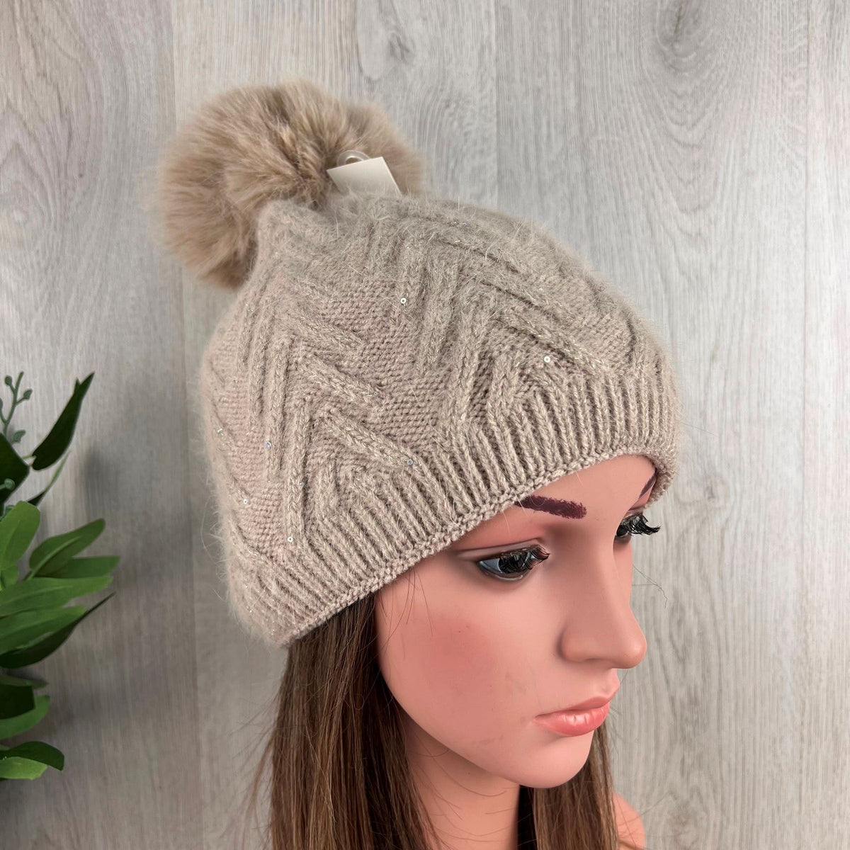 Hat: Knitted Sequin Pom Pom Cable Knit Lined - Beige