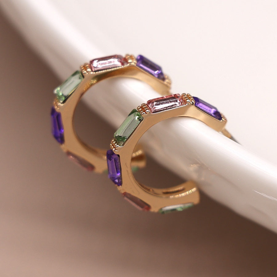 Earrings: Stud C-Hoop Oblong Crystals Multicoloured  - Mixed Metal - POM