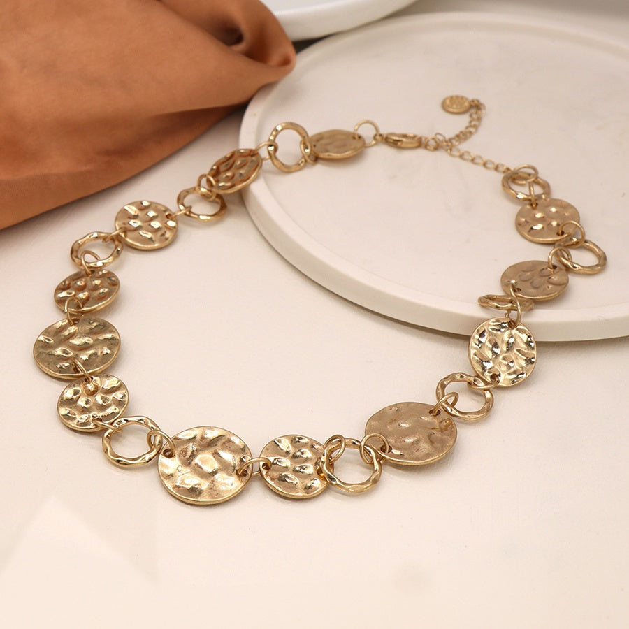 Necklace: Short Chunky Organic Worn Discs Hammered  - Faux Gold - POM
