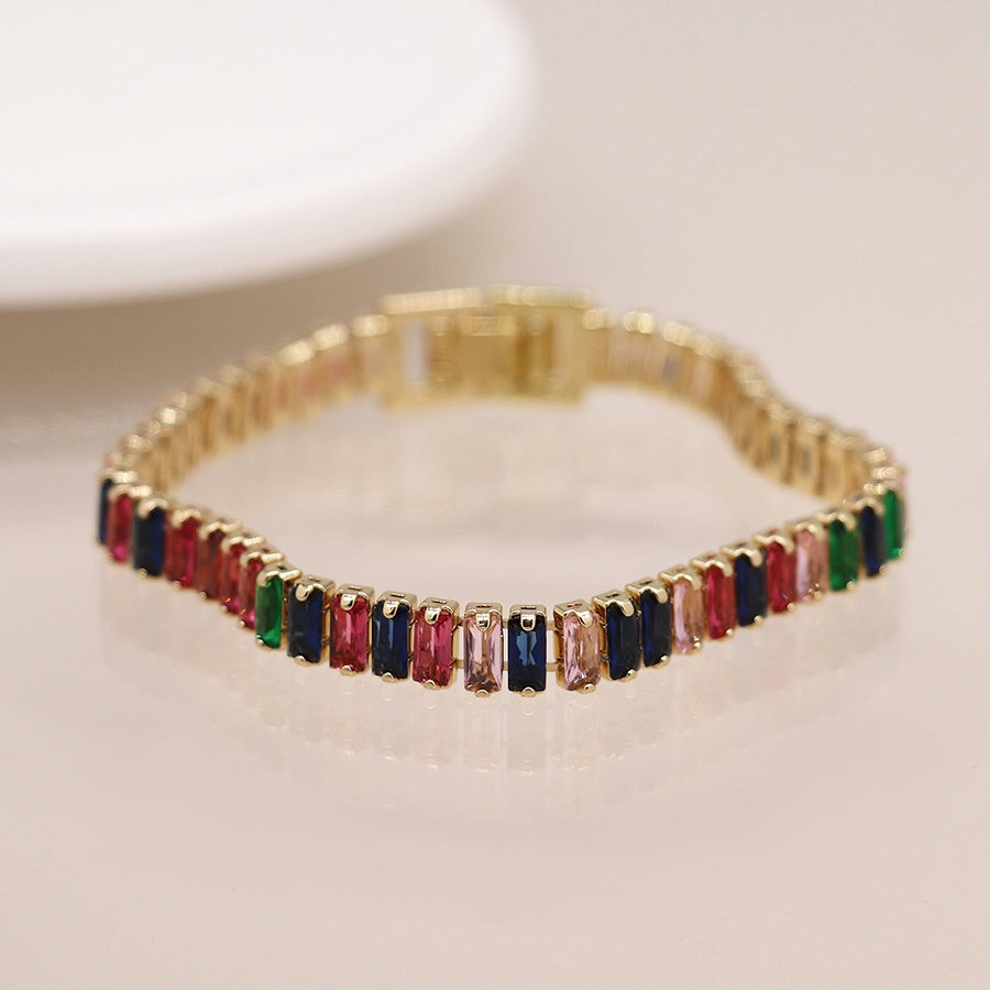 Bracelet: Tennis Oblong Crystals w Folder Over Clasp Multicoloured  - Faux Gold - POM