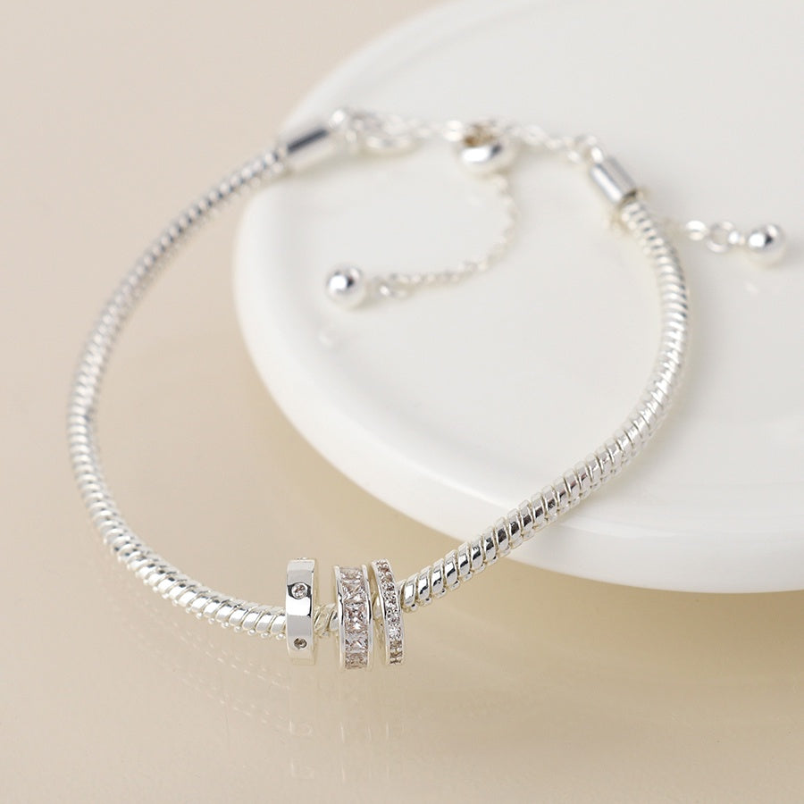 Bracelet: Snake Chain Three Mixed Mini Rings  Crystal  - Silver Plated - POM