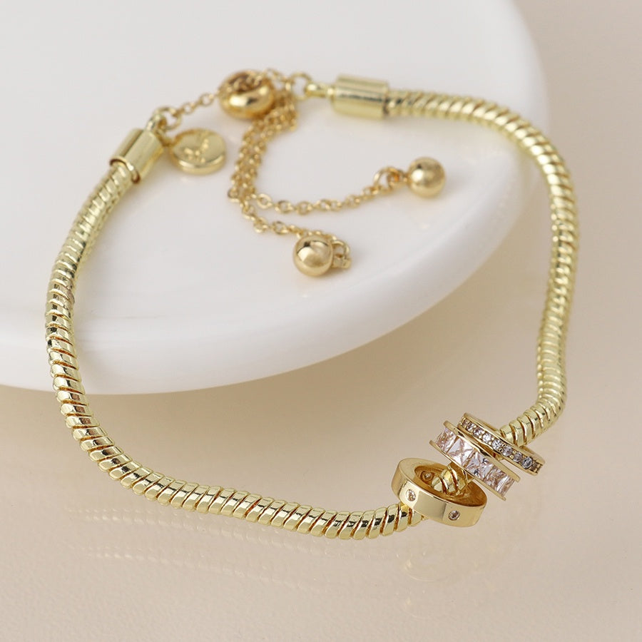 Bracelet: Snake Chain Three Mixed Mini Rings  Crystal  - Faux Gold - POM