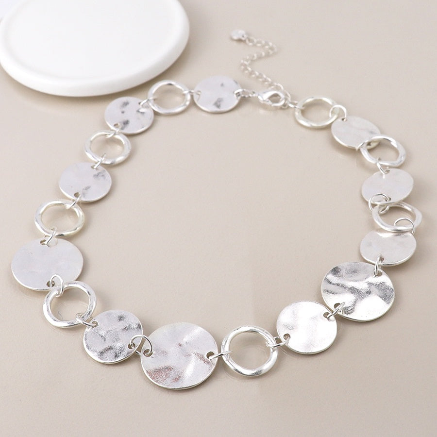 Necklace: Short Chunky Organic Worn Discs Hammered  - Silver Plated - POM