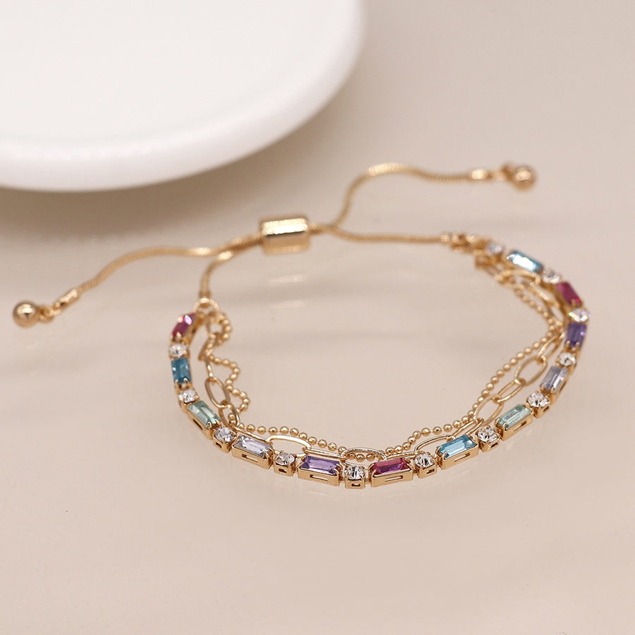 Bracelet: Lariat Triple Strand Oblong Crystals Multicoloured  - Faux Gold - POM