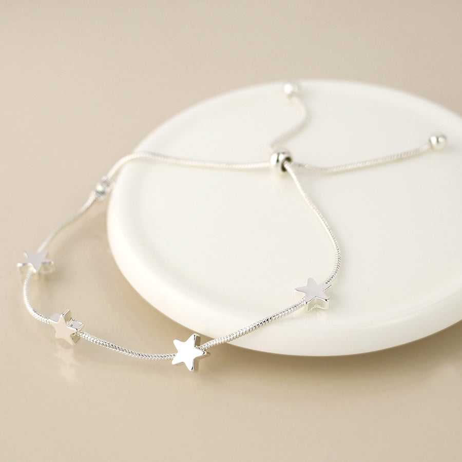 Bracelet: Lariat Snake Chain 4 Star Beads   - Silver Plated - POM
