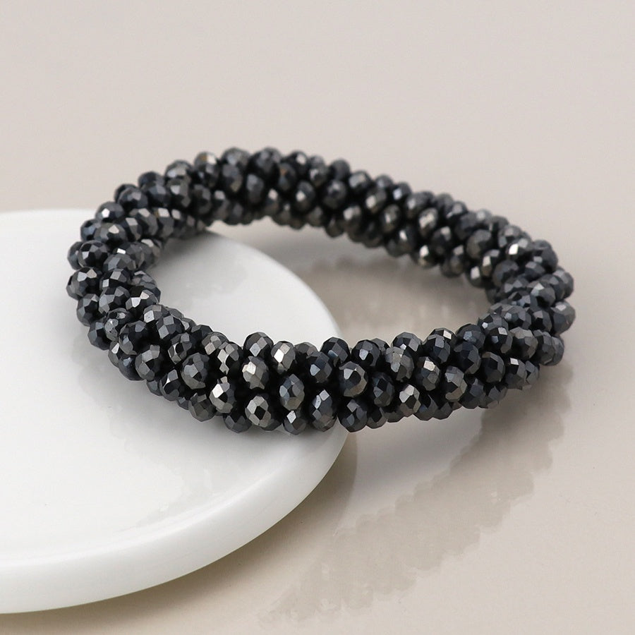 Bracelet: Stretch Faceted Bead Cluster Black  - Metallic - POM