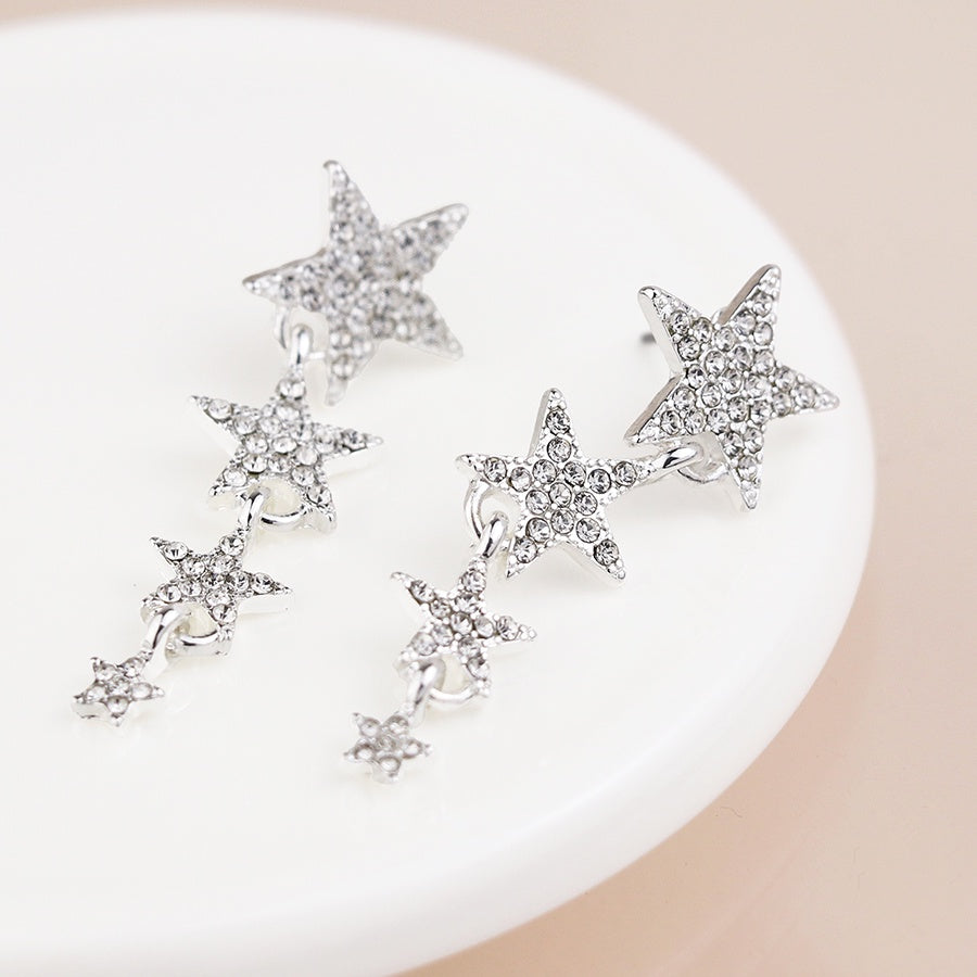Earrings: Stud Drop Four Graduated Crystal Stars   - Silver Plated - POM