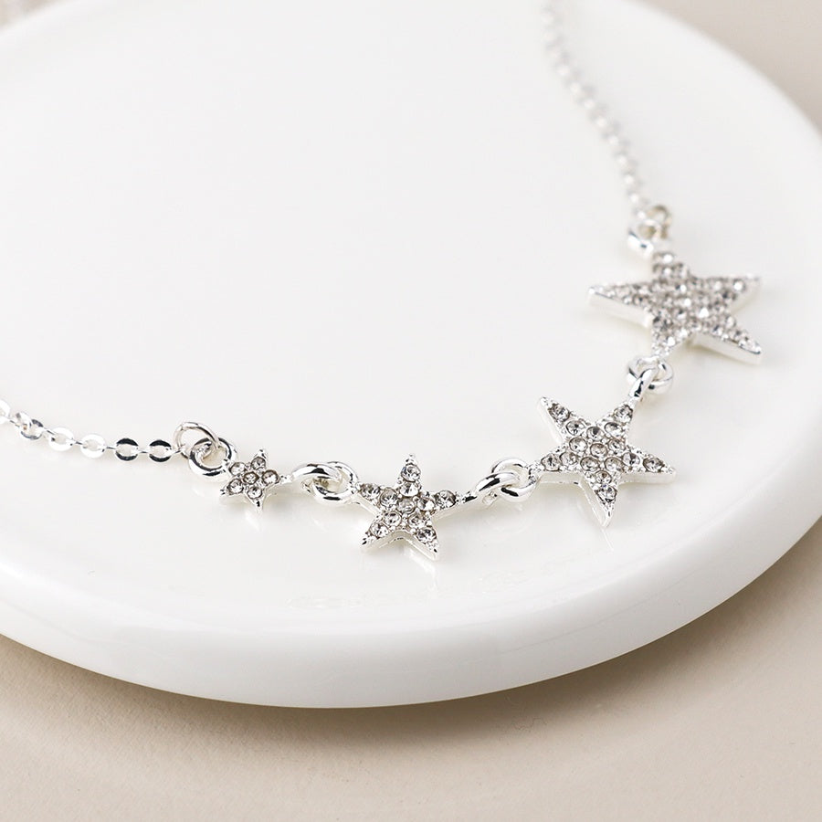 Necklace: Short Chain Four Graduated Crystal Stars   - Silver Plated - POM