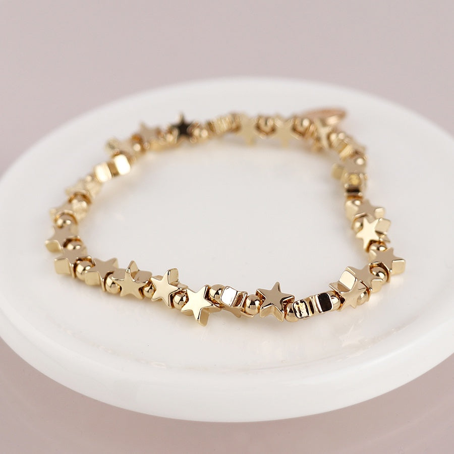 Bracelet: Stretch Polished Stars & Beads   - Faux Gold - POM