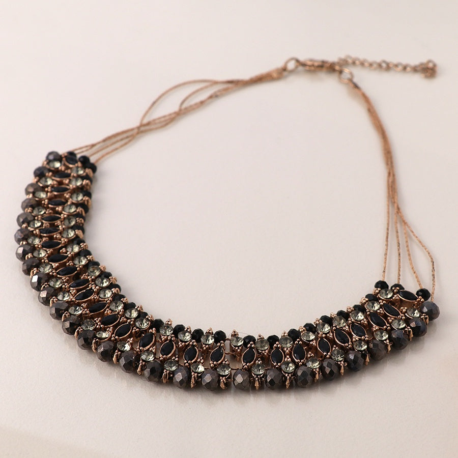 Necklace: Short Multiple Rows Black Mixed Shaped Crystals  - Antique Gold - POM