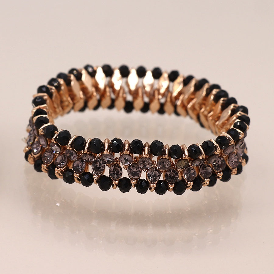 Bracelet:  Stretch Multiple Rows Mixed Shaped Crystals Black  - Antique Gold - POM