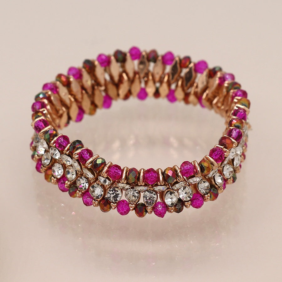 Bracelet:  Stretch Multiple Rows Mixed Shaped Crystals Pink  - Antique Gold - POM