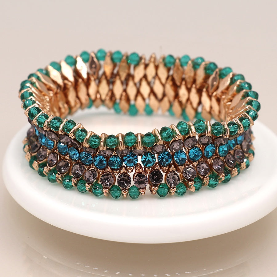 Bracelet:  Stretch Multiple Rows Mixed Shaped Crystals Green  - Antique Gold - POM