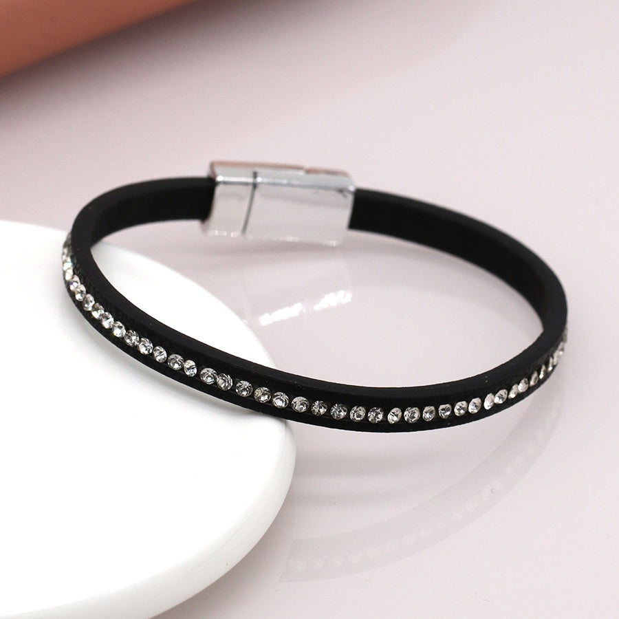 Bracelet: Magnetic Clasp Leather Crystals Silver Clasp  - Black - POM