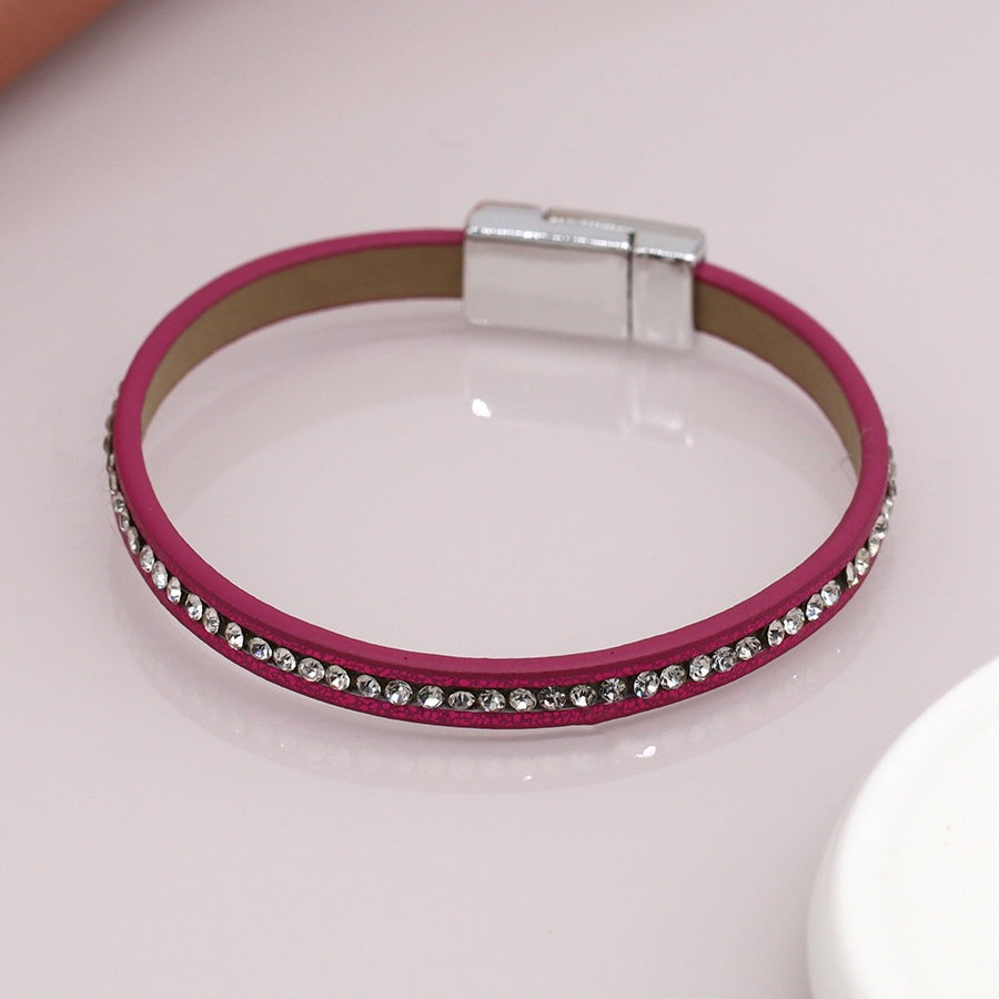 Bracelet: Magnetic Clasp Leather Crystals Silver Clasp  - Pink - POM