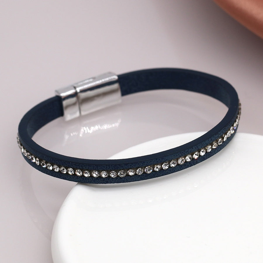Bracelet: Magnetic Clasp Leather Crystals Silver Clasp  - Blue - POM