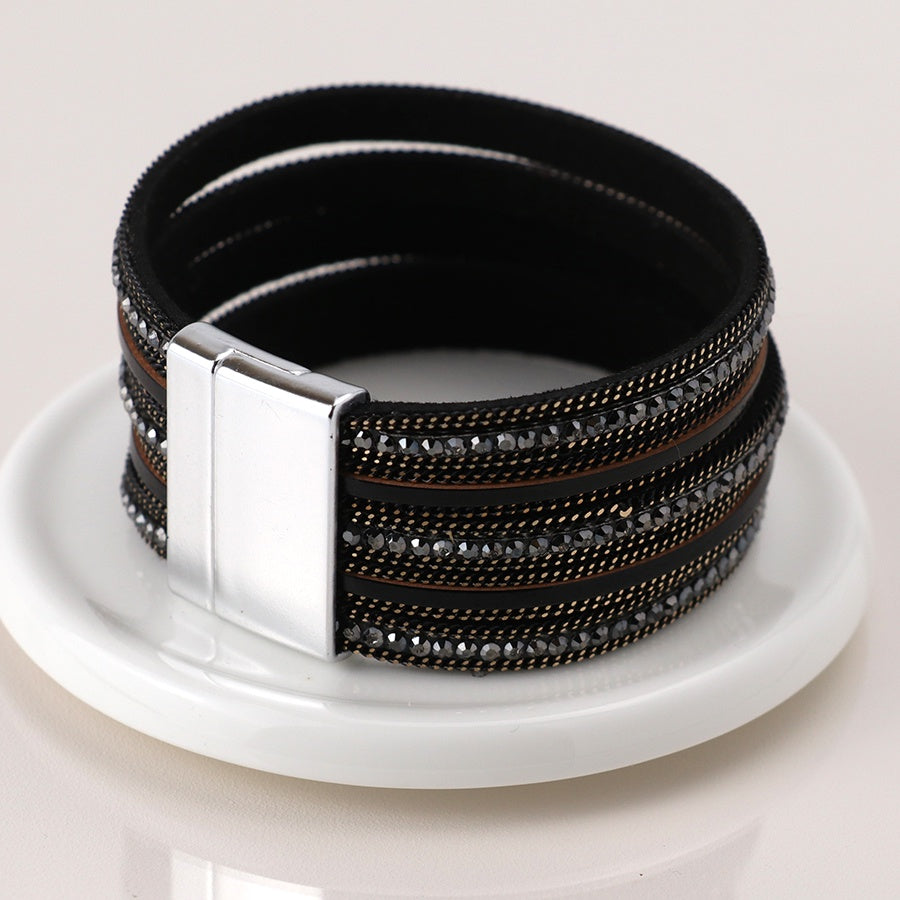 Bracelet: Magnetic Clasp Leather Crystals Bronze Triple Layer Silver Clasp  - Black - POM