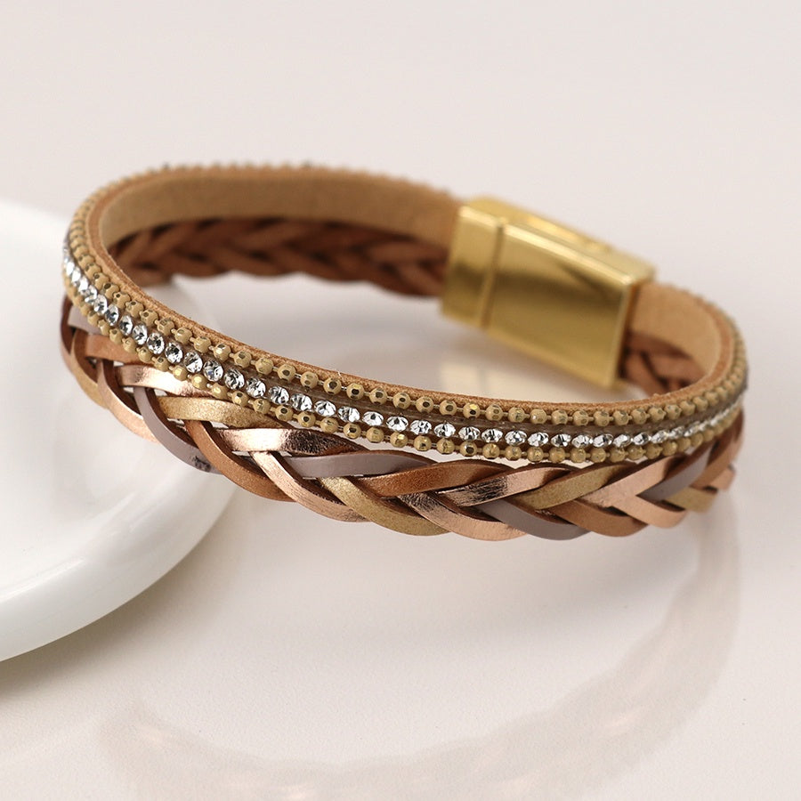 Bracelet: Magnetic Clasp Leather Crystals Bronze Triple Layer Gold Clasp  - Bronze - POM