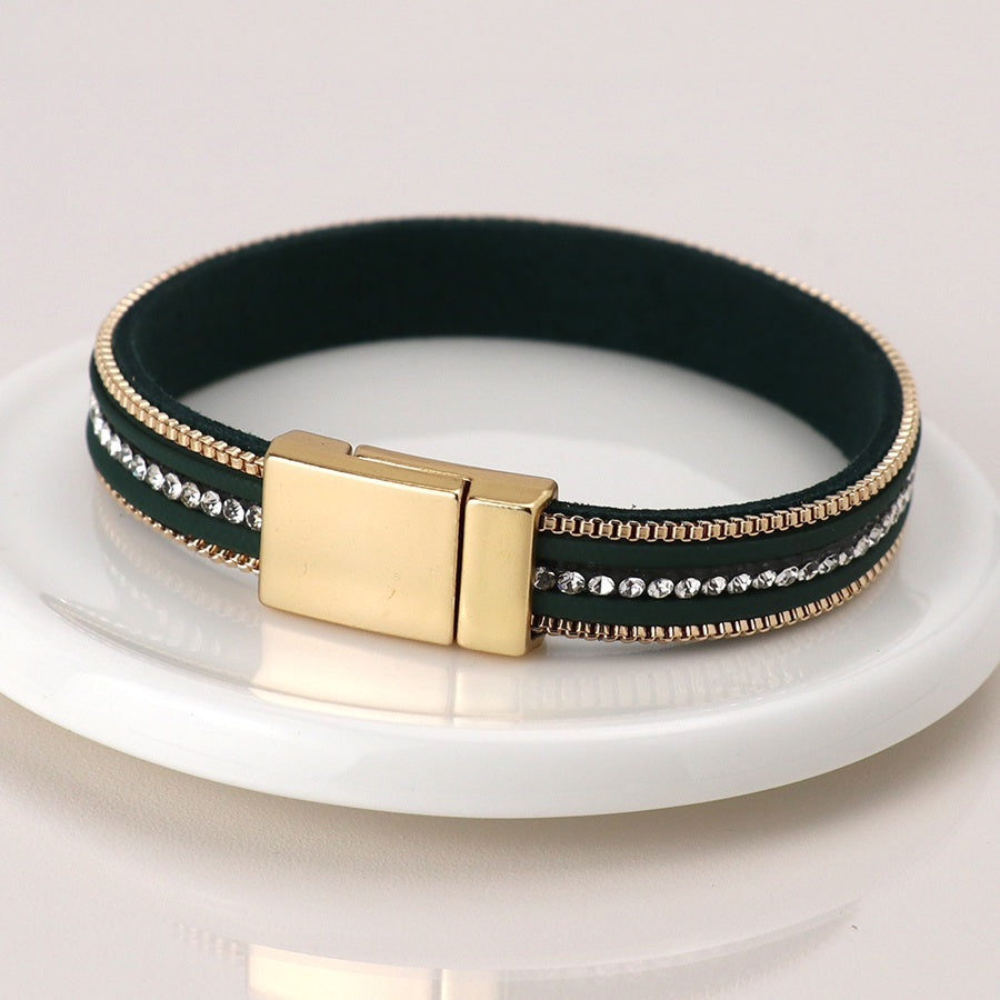 Bracelet: Magnetic Clasp Leather Crystals Silver Clasp  - Green - POM