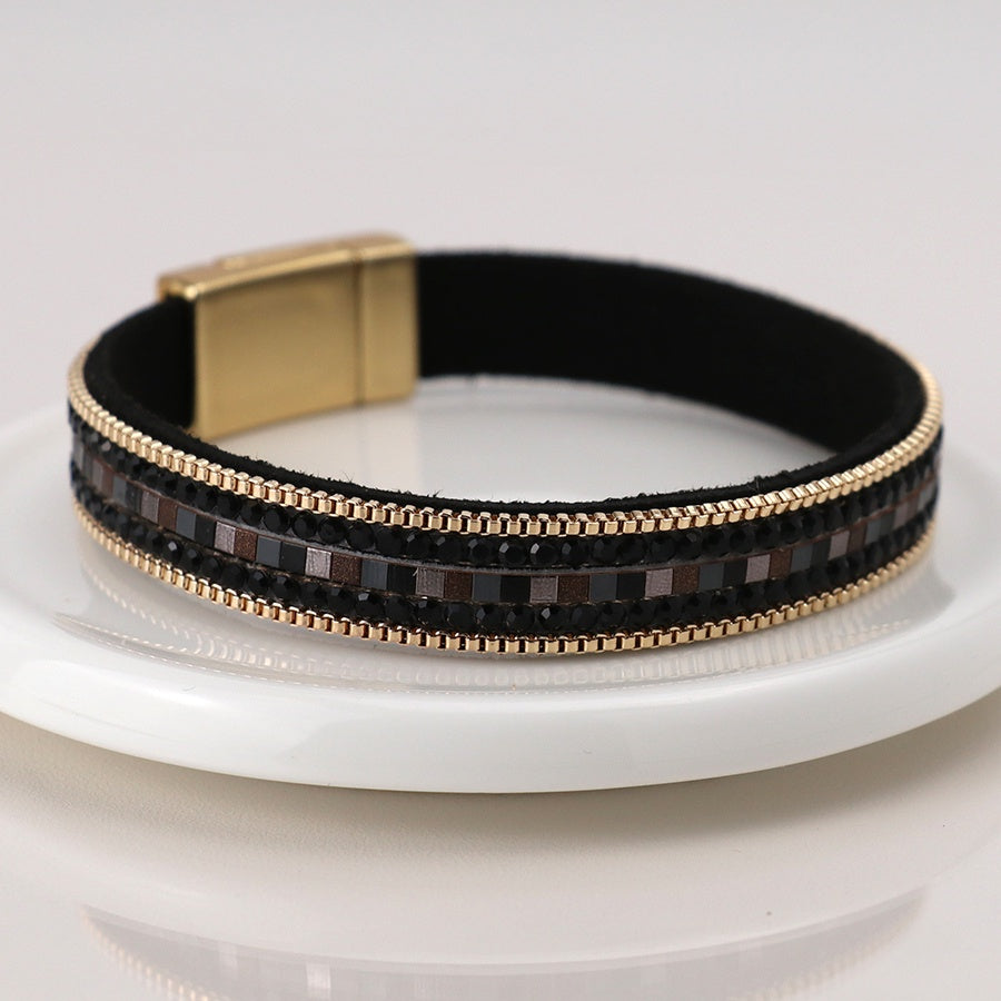 Bracelet: Magnetic Clasp Fabric Square Crystals  Black  - Faux Gold   - POM
