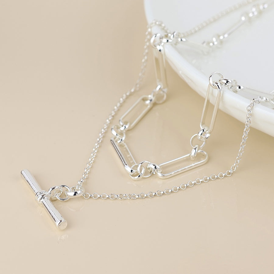 Necklace: Double Layer Fine Chain T-Bar Pendant  - Silver Plated - POM