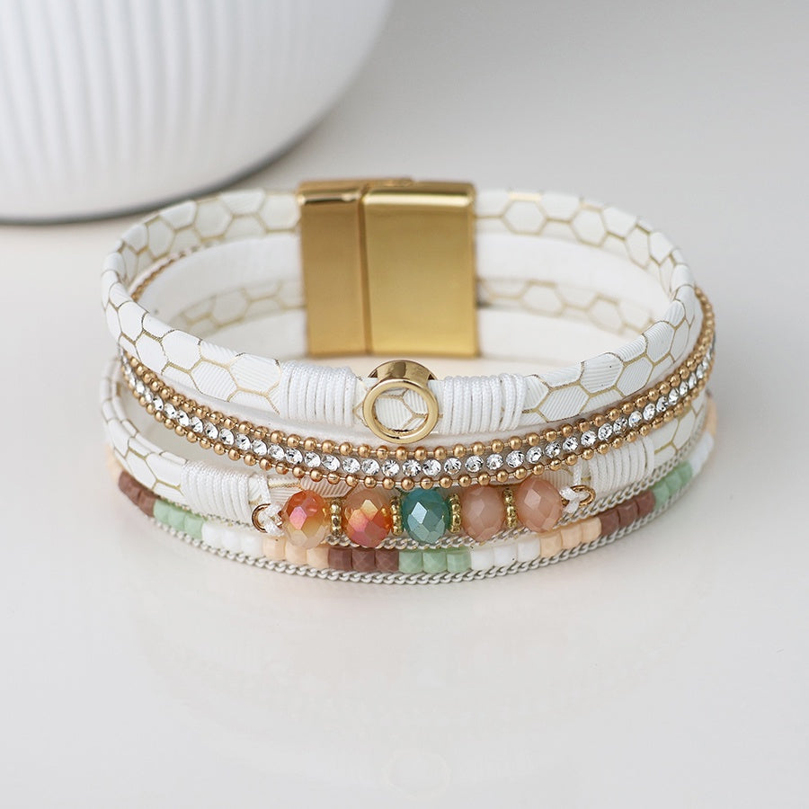 Bracelet: Cuff Faux Leather Strands Beads - White - Peace of Mind