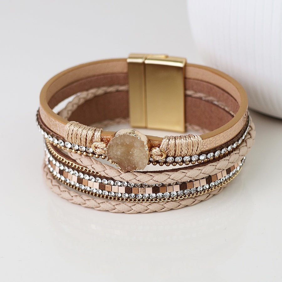 Bracelet: Cuff Faux Leather  Multi Strands Beads -Neutral  - Peace of Mind