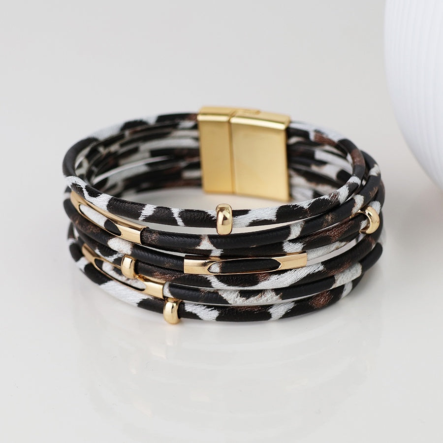 Bracelet: Cuff Faux Leather Strands Beads - Animal Print  - Peace of Mind