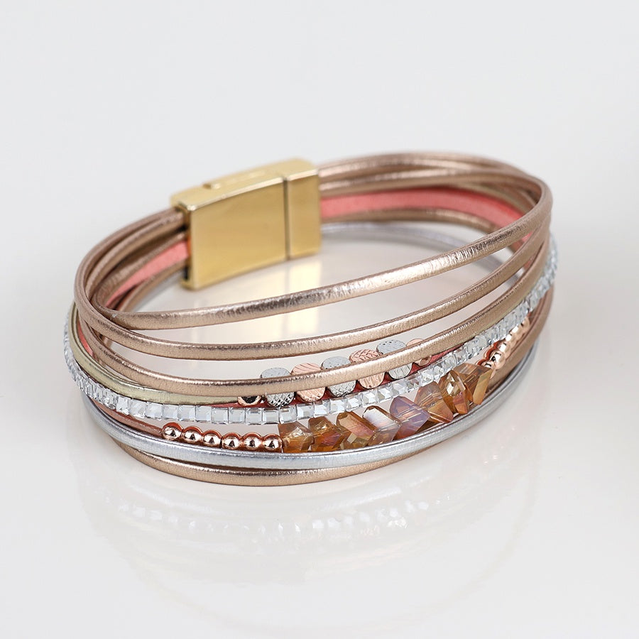 Bracelet: Cuff Multi Strand Faux Leather Beads - Rose Gold  - Peace of Mind