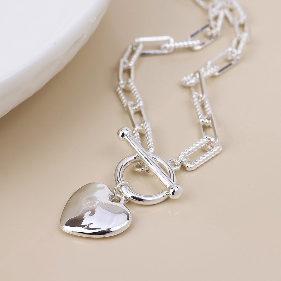 Necklace: Link Chain Heart Charm With T Bar  - Silver Plated - POM