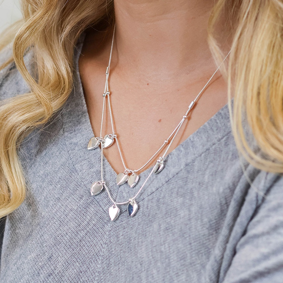 Necklace: Snake Chains Layered With Heart Charms  Moonbeam - Silver Plated - POM