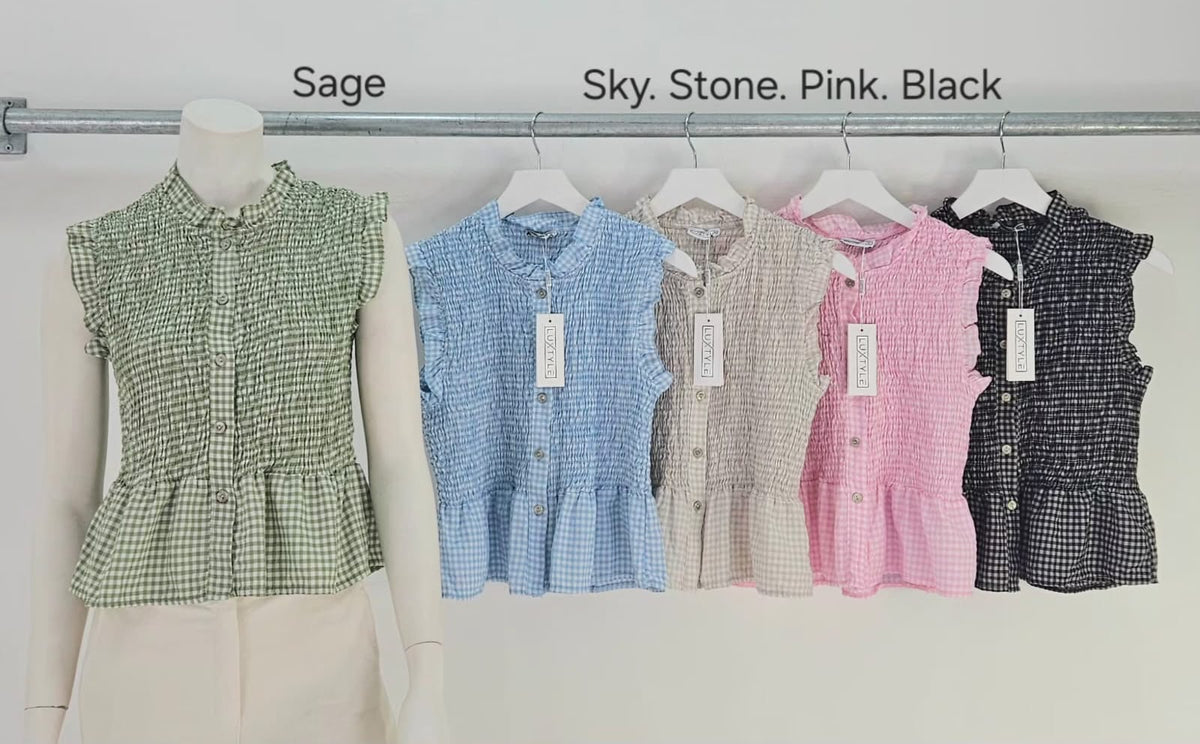 Top: Cotton Mix Short Sleeve Pastel Gigham Front Button  - Various - Luxtyle