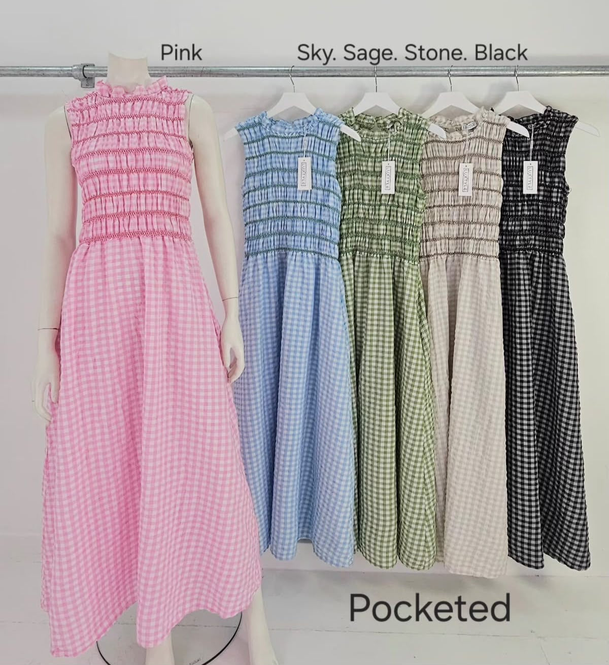 Dress: Cotton Mix Short Sleeve Gingham Shirred Bodice Maxi - One Size - Luxtyle