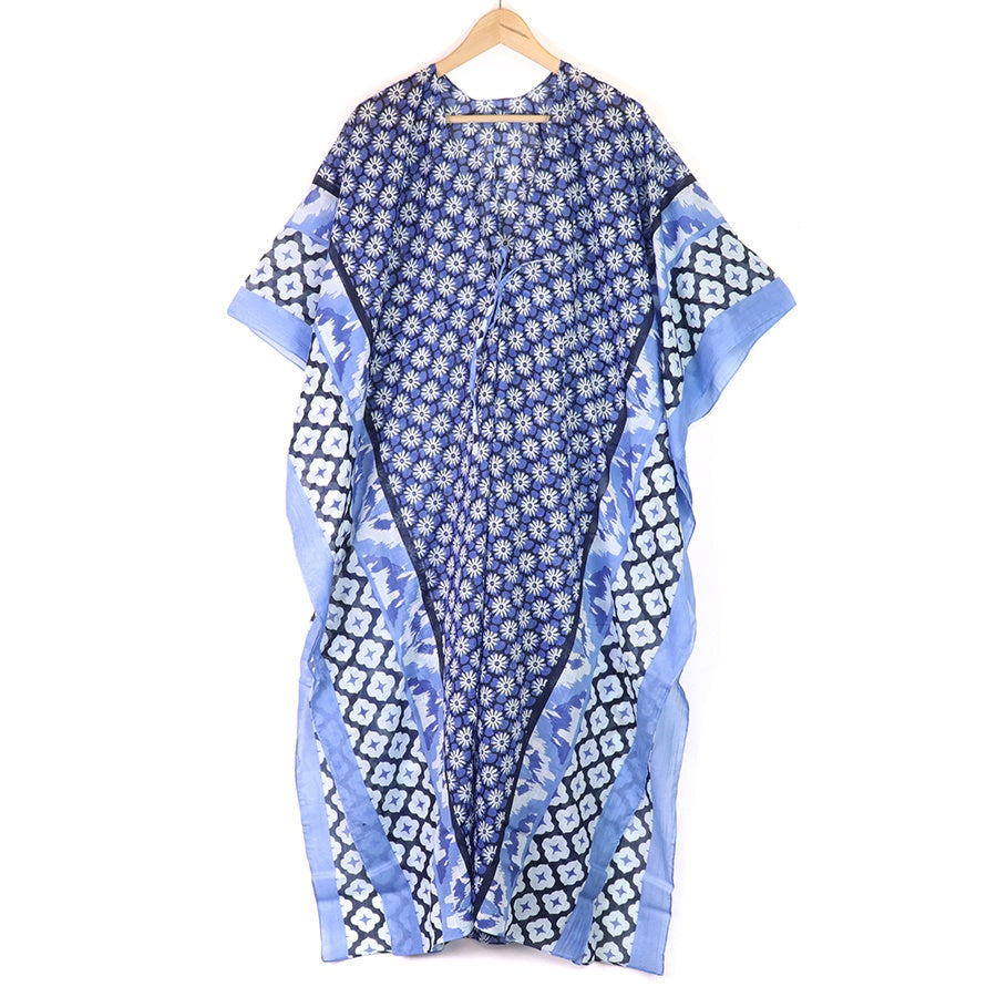 Kaftan: Cotton Long Beach Cover Up Mixed Abstract Floral Tile Print  - Blue - One Size