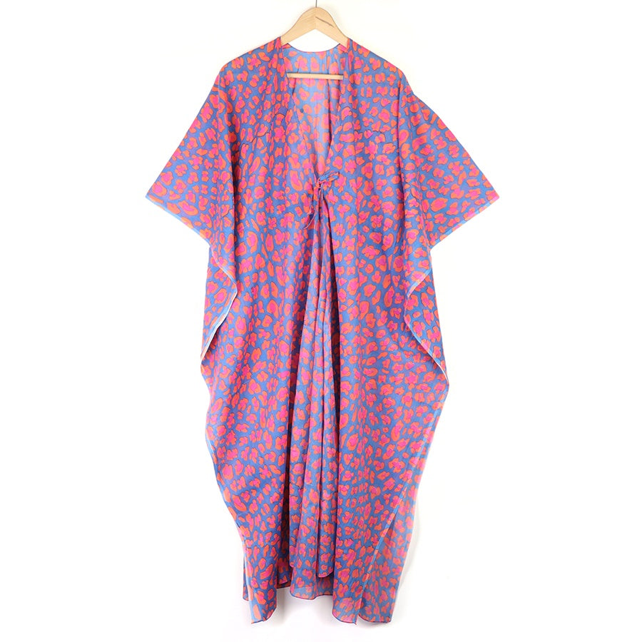 Kaftan: Cotton Long Beach Cover Up Camo Print  - Pink & Blue  - One Size
