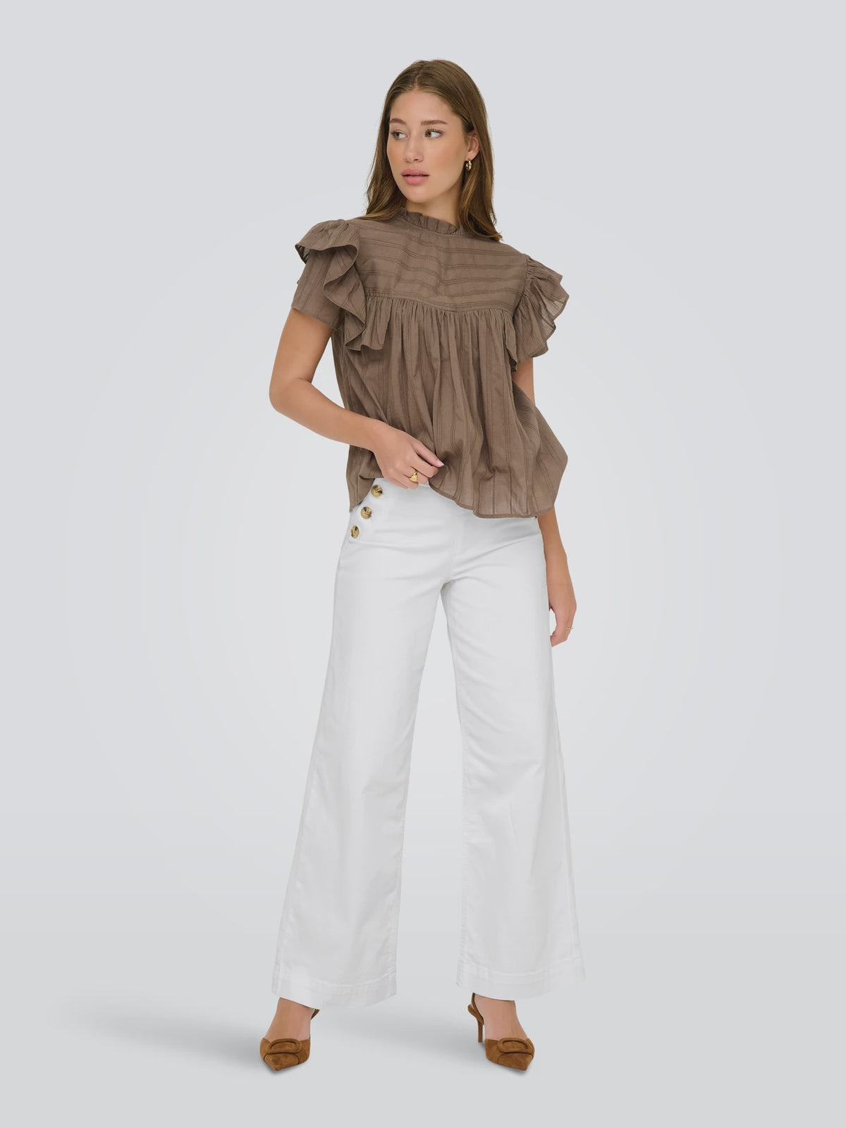 Jeans: Stretch Cotton Side Button High Waist Wide Leg MADISON - White Denim - ONLY