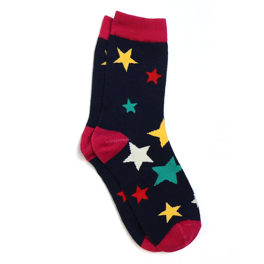 Socks: Ankle Organic Cotton Blend Stars   - NAVY & PINK - POM